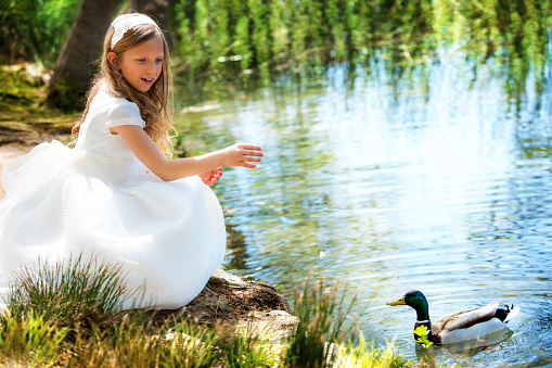 Portrait of cute young girl feeding a duck at riverside.