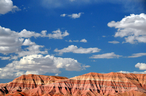 Painted Desert, Arizona, USA: parallel strata with intense colors - red, yellow and gray colored bands of the Triassic Chinle Formation - photo by M.Torres