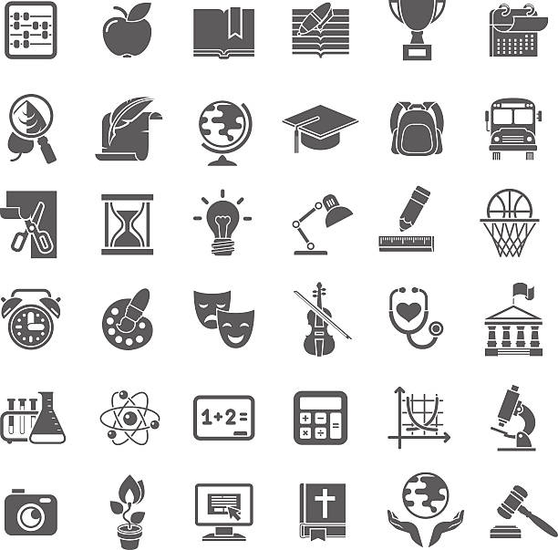 School Icons Flat Dark Outline Silhouettes Set of flat outline monochrome silhouette vector icons of school subjects, education and science symbols. learning silhouettes stock illustrations