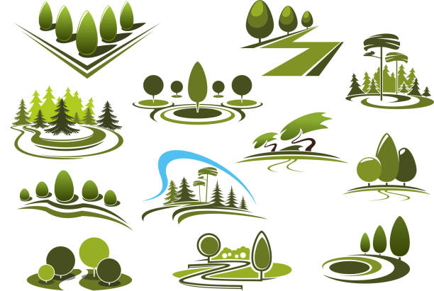 Green park, garden and forest landscape icons Green summer park, forest and garden landscape icons. With decorative trees and bushes, walking alleys and footpaths, peaceful grassy meadows and figured lawns garden pathway stock illustrations