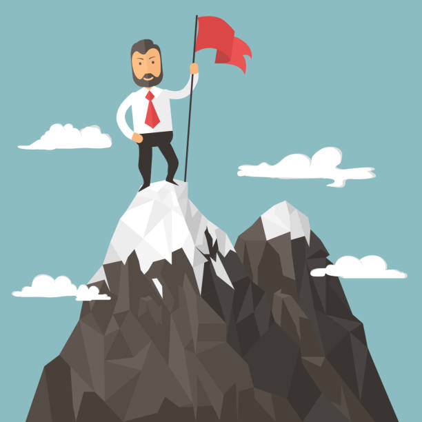 geschäftsmann mit flagge auf einem berggipfel, erfolg - mountain climbing rock climbing leadership climbing stock-grafiken, -clipart, -cartoons und -symbole