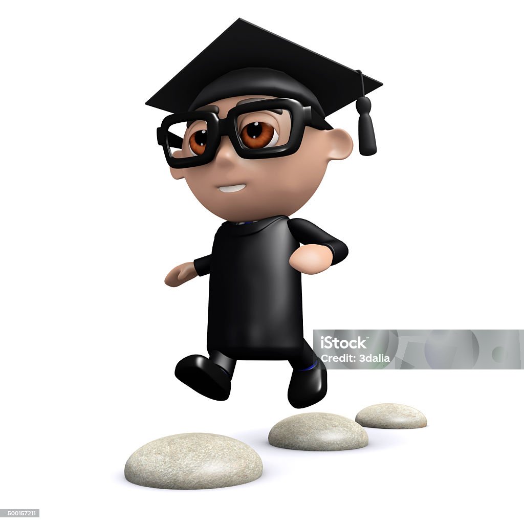 3d Graduate skips over stepping stones 3d render of a graduate running over stepping stones Achievement Stock Photo