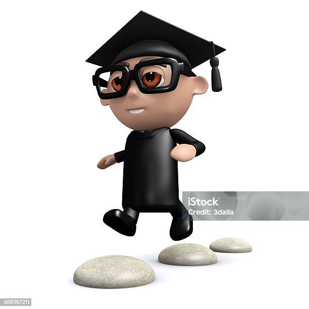 3d Graduate Skips Over Stepping Stones Stock Photo - Download Image Now - Achievement, Cartoon, Ceremony