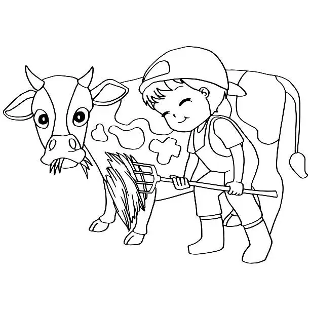 image of Coloring book child feeding cow vector