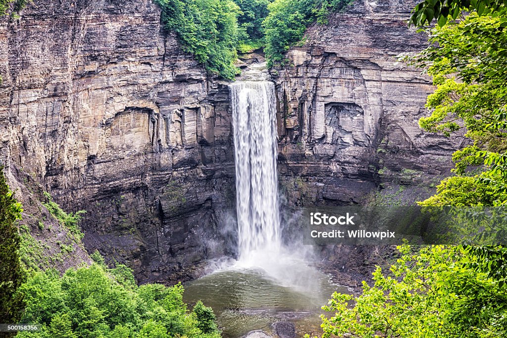 Taughannock Falls State Park Waterfall - Ithaca, NY Tall waterfall at Taughannock Falls State Park near the village of Trumansburg - just northwest of the city of Ithaca - in New York State, USA. Water flows from the bottom of this gorge for less than a mile directly into Cayuga Lake - one of the largest of the New York State Finger Lakes. Looking down from this angle, it's difficult to appreciate the extreme height - 215 ft (65.5 m) - from which the water actually falls. Falling Stock Photo