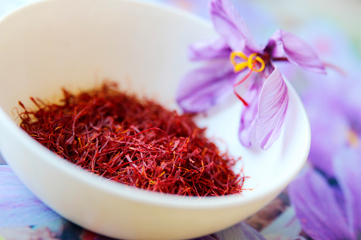 Commercial saffron comes from the bright red stigmas of the saffron crocus (Crocus sativus) which flowers in the Fall in many different countries, including Greece, India, Iran, Afghanistan and Spain.