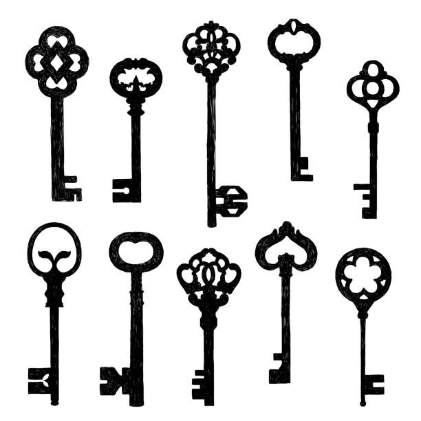illustrazioni stock, clip art, cartoni animati e icone di tendenza di set di schizzo vecchie chiavi - key locking lock symbol