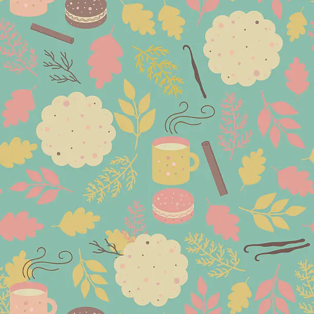 Vector illustration of Seamless pattern cookies and mugs of tea