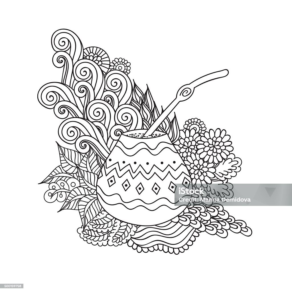 Yerba mate tea gourd Yerba mate tea in gourd and straw, and floral wave doodle pattern. Hand drawn black and white illustration in vector Yerba Mate stock vector