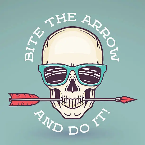 Vector illustration of Hipster skull with geek sunglasses and arrow. Bite the arrow