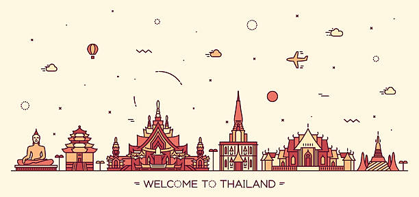 illustrazioni stock, clip art, cartoni animati e icone di tendenza di illustrazione vettoriale skyline lineare stile in tailandia - thailand thai culture travel buddha