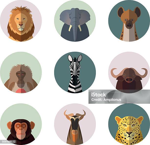 African Animal Round Flat Icons Stock Illustration - Download Image Now - Safari Animals, Icon Symbol, Vector