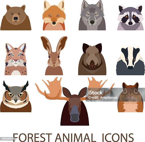 Forest Animal Flat Icons Stock Illustration - Download Image Now - Badger, Raccoon, Animal Head