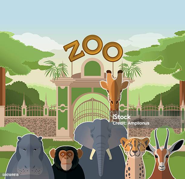 Zoo Gate With African Flat Animals Stock Illustration - Download Image Now - Zoo, Building Entrance, Public Park