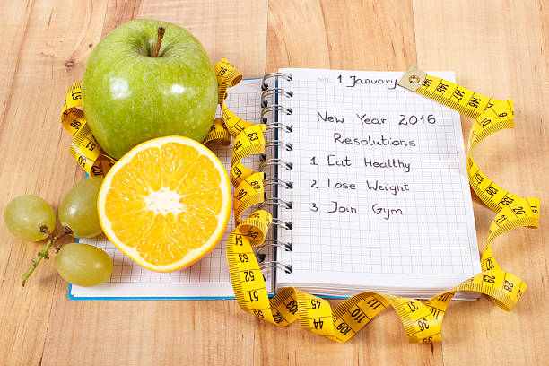 新しい年の解像度で書かれたノート、およびテープ - dieting planning calendar event ストックフォトと画像