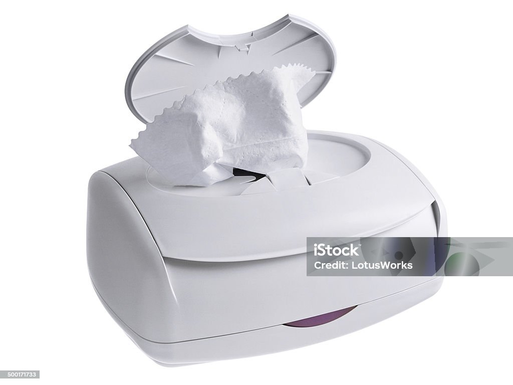 Baby Wipes Baby wipe towelettes in white plastic dispenser container, photographed on white background. Baby Wipe Stock Photo