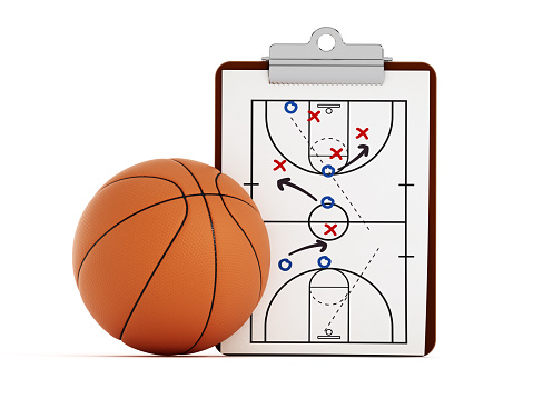 Basketball and strategy board isolated on white.