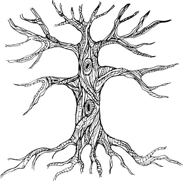 ilustraciones, imágenes clip art, dibujos animados e iconos de stock de pinturas tronco de árbol con raíces expuesto - bare tree nature backgrounds tree trunk branch
