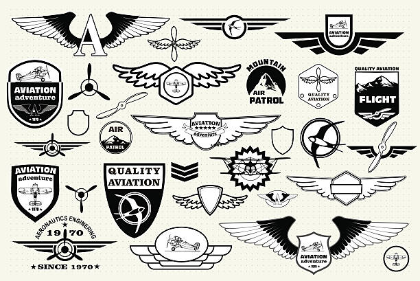 Set retro emblems, design elements , badges and logo. Aviation Monochrome Mega Set of retro emblems, design elements , badges and logo patches on the theme aviation fighter plane vintage stock illustrations