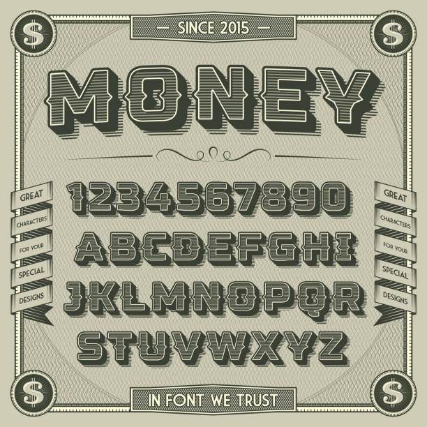 Vintage Money Font with shadow Vintage Money Font with shadow. Retro 3D Alphabet with decorative elements dollar sign stock illustrations