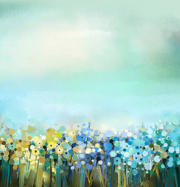 Oil painting of flowers plant. Dandelion flower in fields. Abstract art oil painting of flowers plant. Dandelion flower in fields. Meadow landscape with wildflower. Green-blue sky color. Hand Paint floral Impressionist. Summer-spring nature background nature and landscapes stock illustrations