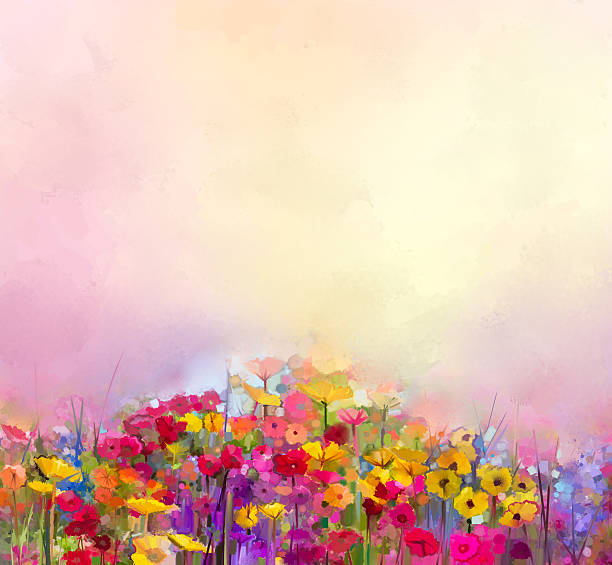 ilustrações, clipart, desenhos animados e ícones de pintura a óleo de verão, de flores da primavera. meadow paisagem com flores silvestres - dandelion single flower flower white