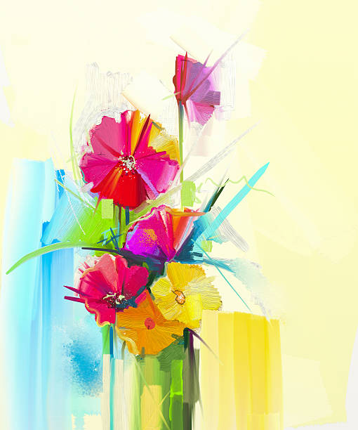 ilustraciones, imágenes clip art, dibujos animados e iconos de stock de cuadro al óleo de la naturaleza muerta gerbera, ramo de tulipanes, rosa flores - tulip sunflower single flower flower