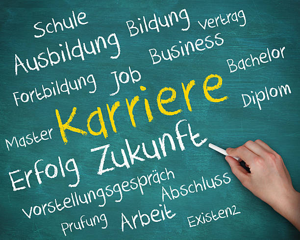 istock Hand holding a chalk and writing words in german 500175899