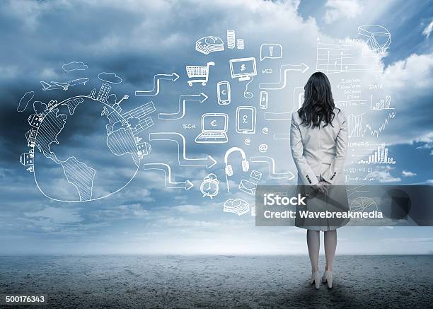 Businesswoman Looking Out At Brainstorm Drawings Stock Photo - Download Image Now - 30-39 Years, Adult, Business