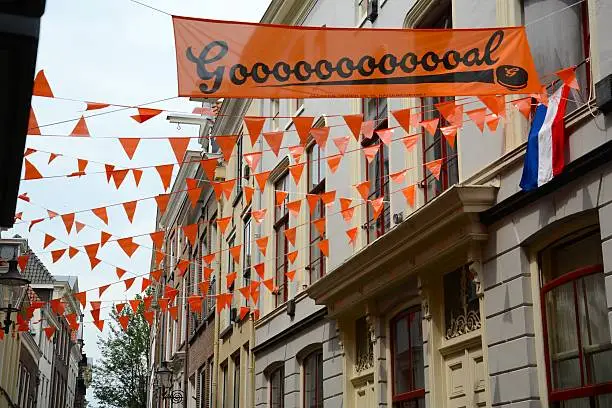 Street scenery in The Netherlands expressing their support for the national football team in the city of Deventer in the east of The Netherlands.