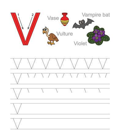 Vector exercise illustrated alphabet. Learn handwriting. Tracing worksheet for letter V. 