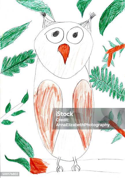 Eagle Eule Sitzt Auf Tree Branch Vertikale Bleistift Kind Zeichnung Stockfoto und mehr Bilder von Kind