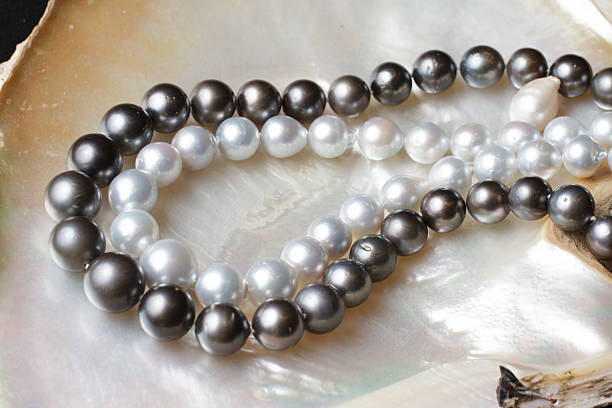 블랙, 화이트 진주 목걸이 on 섈 - black pearl pearl horizontal necklace 뉴스 사진 이미지