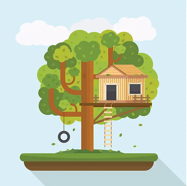 Vector illustration of Tree house. House on tree for kids.