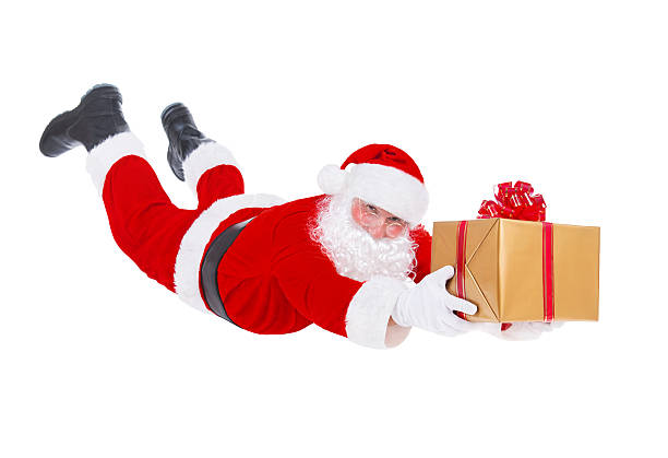 istock Santa Claus flying with Christmas gift isolated on white background 500182684