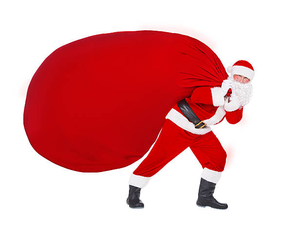 istock Santa Claus pull Christmas bag with presents isolated on white 500183728
