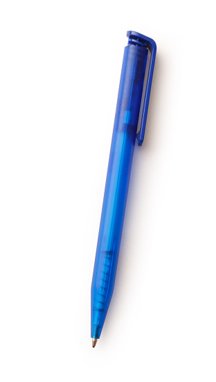 Blue pen in closeup isolated on white background