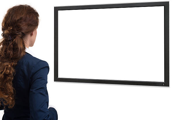 istock Businesswoman looking on blank screen. rear view 500184258