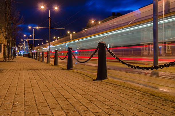 istock Trail of light left by tram at night 500188406