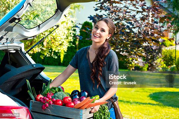 Young Woman With Organic Food Stock Photo - Download Image Now - Car, Crate, Vegetable
