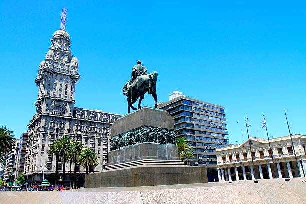 Salvo building and Artigas Independence Square - Montevideo, Uruguay stock photo