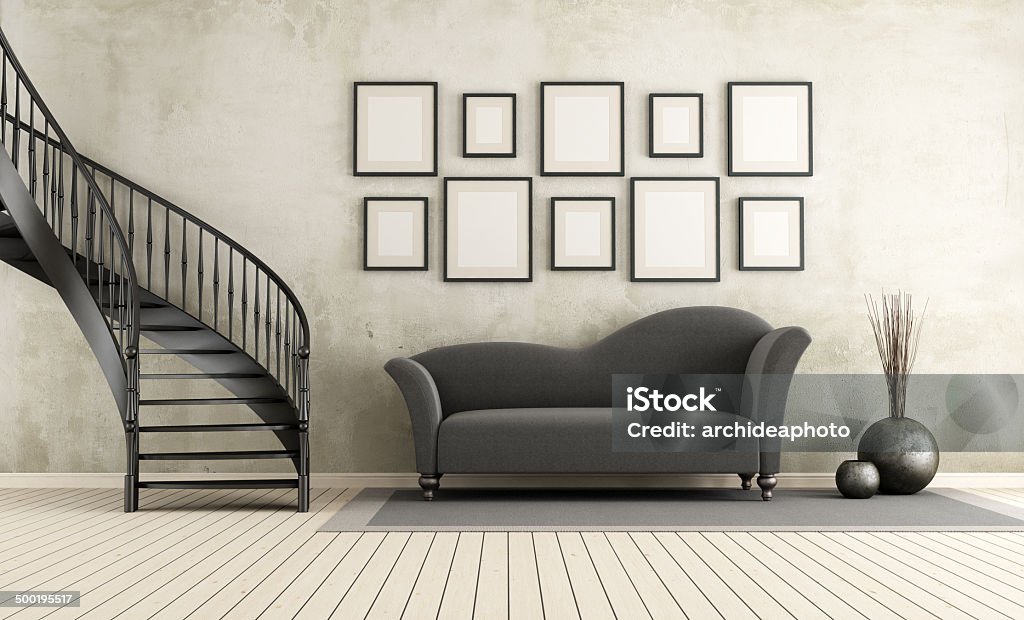 Klassische Wohnzimmer mit Wendeltreppe - Lizenzfrei Treppe Stock-Foto