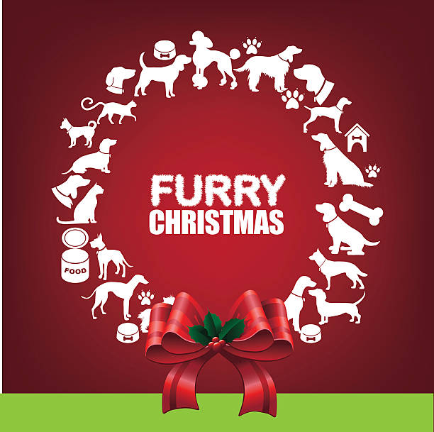 Furry Christmas Wreath greeting card design. Furry Christmas Wreath greeting card design. EPS 10 vector dog with ribbon stock illustrations
