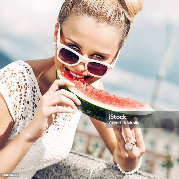 Girl In White Summer Dress Eat Watermelon Stock Photo - Download Image Now - Eating, Teenager, Watermelon