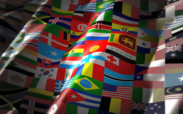 world flags on one colorful flag stock photo