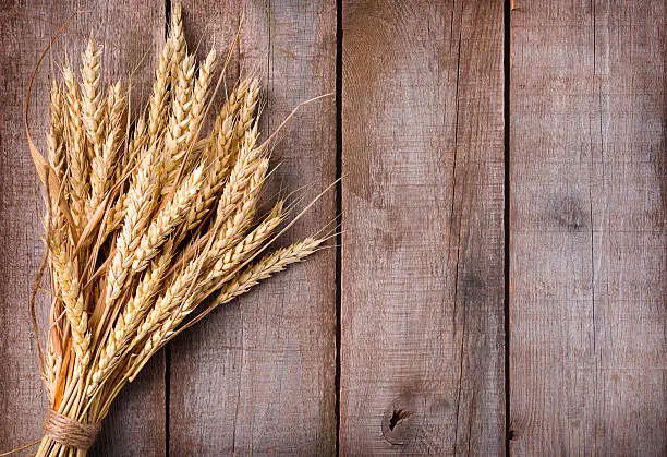 Photo of Sheaf of wheat ears on wooden table