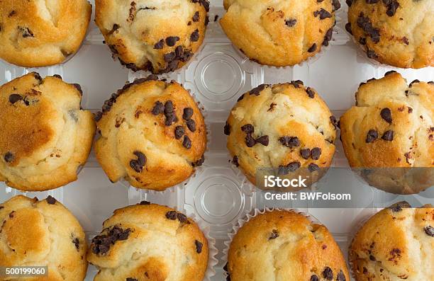 Group Of Chocolate Chip Muffins In Container Stock Photo - Download Image Now - 2015, Baked, Chocolate Chip Muffin