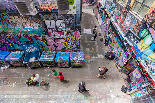 Melbourne, Australia - Nov 14, 2015: Tourists visiting the Hosier Lane in Melbourne, Australia. It is a popular laneway in Melbourne due to its graffitti covered walls and urban art.
