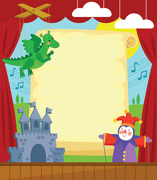 puppet theater Puppet theater with blank scroll for caption. Each element is grouped separately for easy editing. puppet stock illustrations