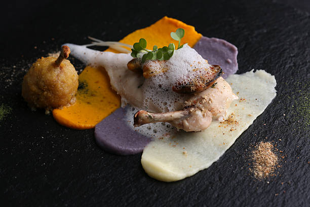 Stuffed chicken breast, white meat chicken, different sauces on dark background. Molecular cuisine.